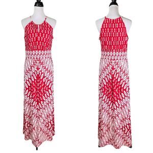 London Times Red White Print Slinky Travel Knit Sleeveless Halter Maxi Dress